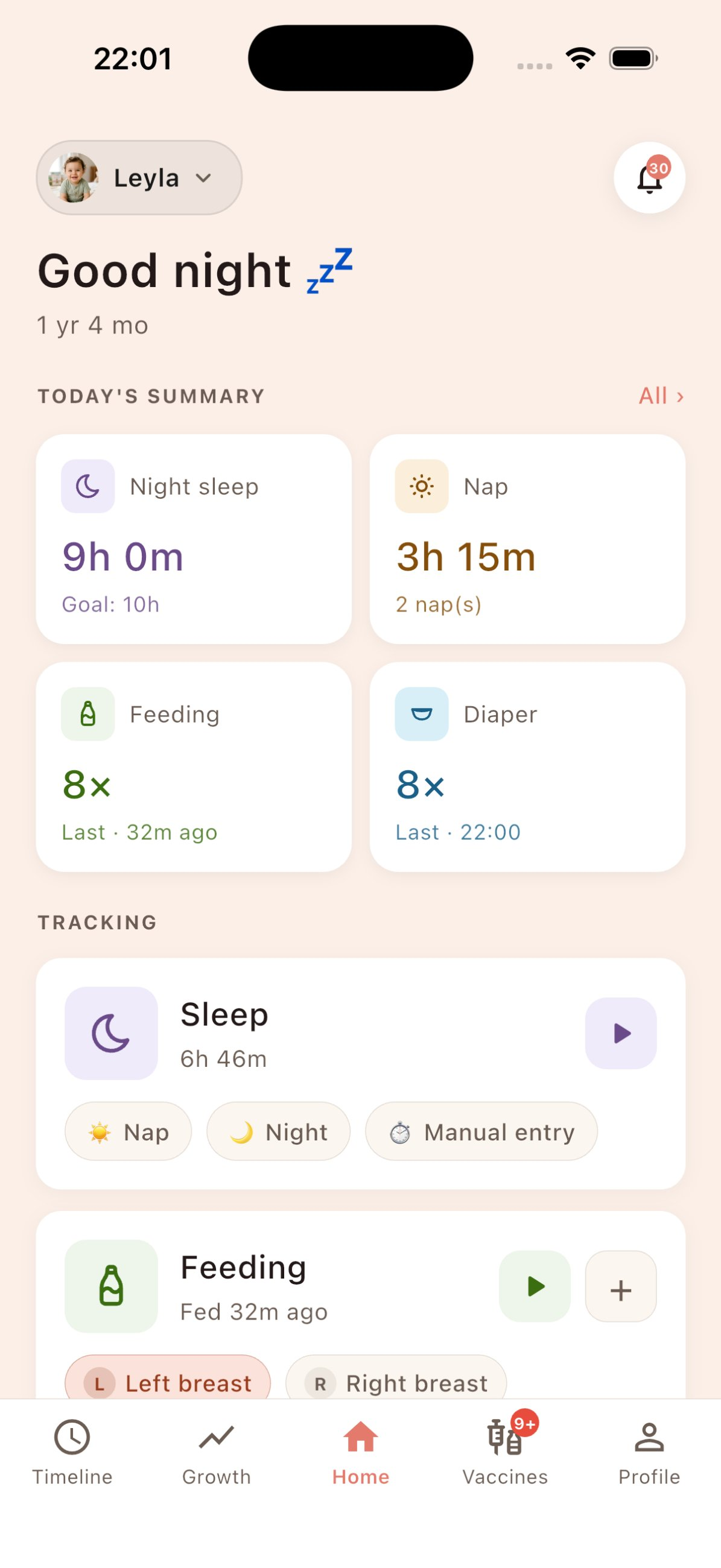Bappy app home screen: today's summary with sleep, feeding and diaper tracking