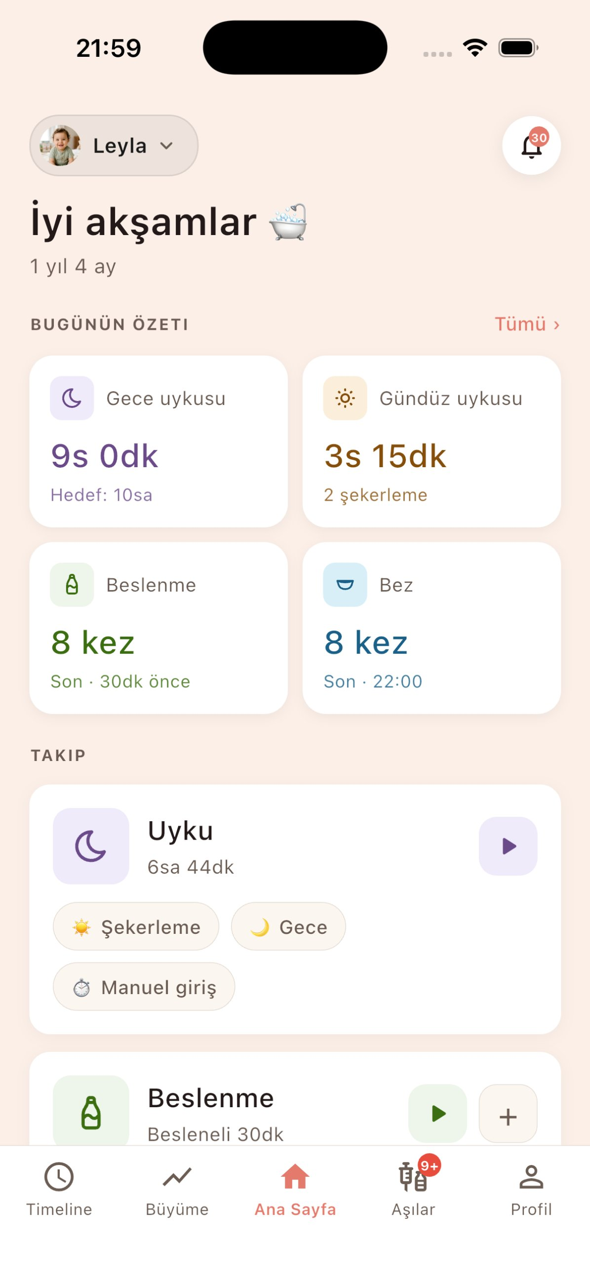 Bappy uygulaması ana ekranı: bugünün özeti, uyku, beslenme ve bez takibi